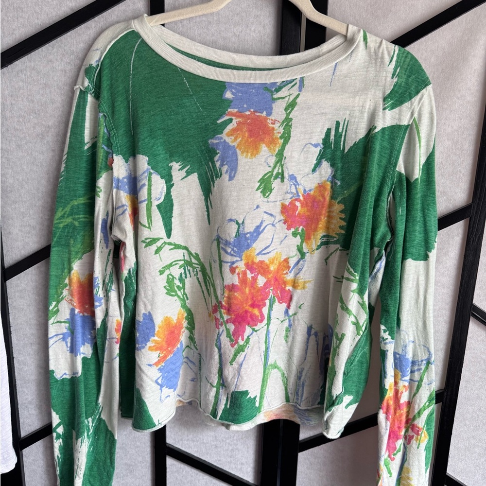 Maeve Fresh White and Green Long Sleeve Crop Tshirt